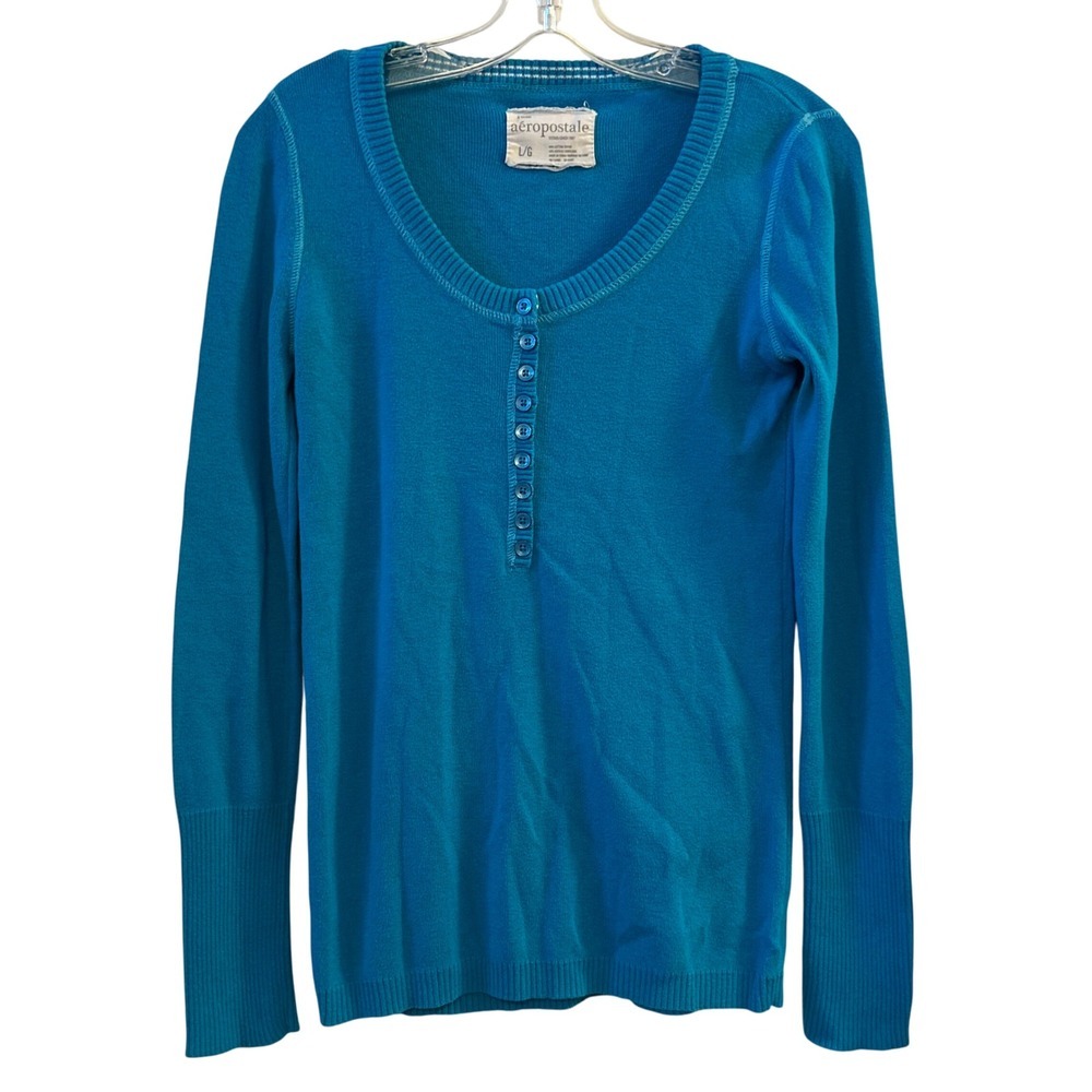 Aeropostale Teal Blue Long Sleeve Henley Shirt Womens L G Button Up Top